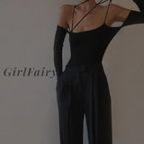 Girlfairy Elegant Black Sexy Backless Bandage Bodysuit For Women Basic Tops Slim Rompers Straps