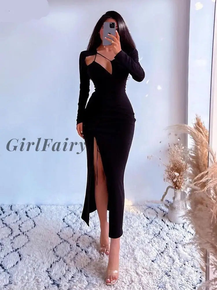 Girlfairy Elegant Drawstring Side Spilt Maxi Dress Women Sexy Unique Cut Out Cleavage Long Sleeve