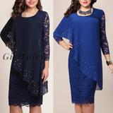 Girlfairy Elegant Dress Women Lace Long Sleeve Solid Color O Neck 3/4 Sleeve Party Dresses Banquet