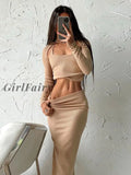 Girlfairy Elegant Fashion Chain Sexy Women's Dress Sets 3 Shawl Top and Skirts 2023 Autumn Outfit Matching Sets