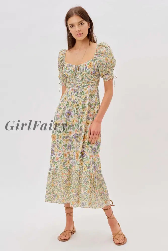 Girlfairy Elegant Fashion New Mini Dress Women Floral Print Ruffles Puff Sleeve Square Collar Sprint