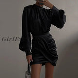 Girlfairy Elegant Fashion Ruched Dress For Women Spring Autumn Outfits Lantern Sleeve Wrap Mini Dresses Club Party Clothes