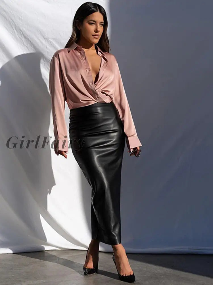 Girlfairy Elegant Fashion Ruched Pu Leather Midi Skirts Women Clubwear Party Office Lady High Waist
