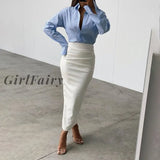 Girlfairy Elegant Fashion Ruched Pu Leather Midi Skirts Women Clubwear Party Office Lady High Waist