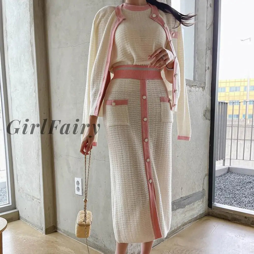 Girlfairy Elegant Fashion Stripe Knitted 3 Piece Sets Women Long Sleeve Cardigan Coat +Pullover