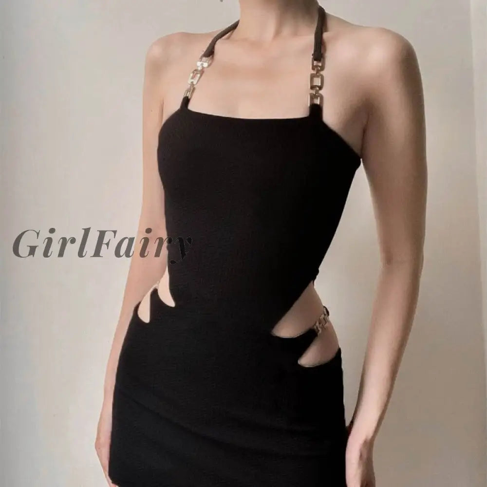 Girlfairy Elegant Halter Sexy Cut Out Summer Skinny Mini Dress For Women Club Party Backless Straps