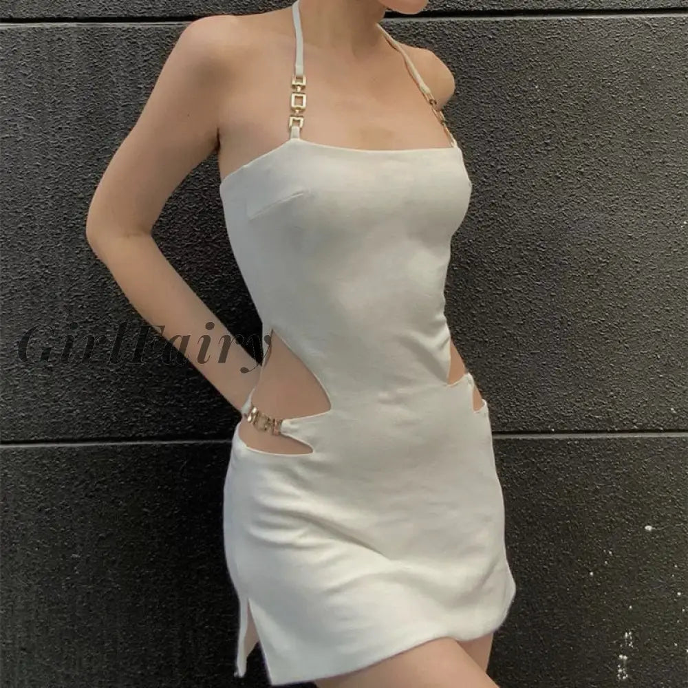 Girlfairy Elegant Halter Sexy Cut Out Summer Skinny Mini Dress For Women Club Party Backless Straps