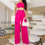 Girlfairy Elegant Hanging Neck Pleated Crop Tops+High Waist Straight Pants Set Summer Solid Color