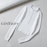 Girlfairy Elegant High Neck Zipper Front Knitted Sweater Women Solid Basic Cropped Pullover Winter