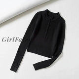 Girlfairy Elegant High Neck Zipper Front Knitted Sweater Women Solid Basic Cropped Pullover Winter