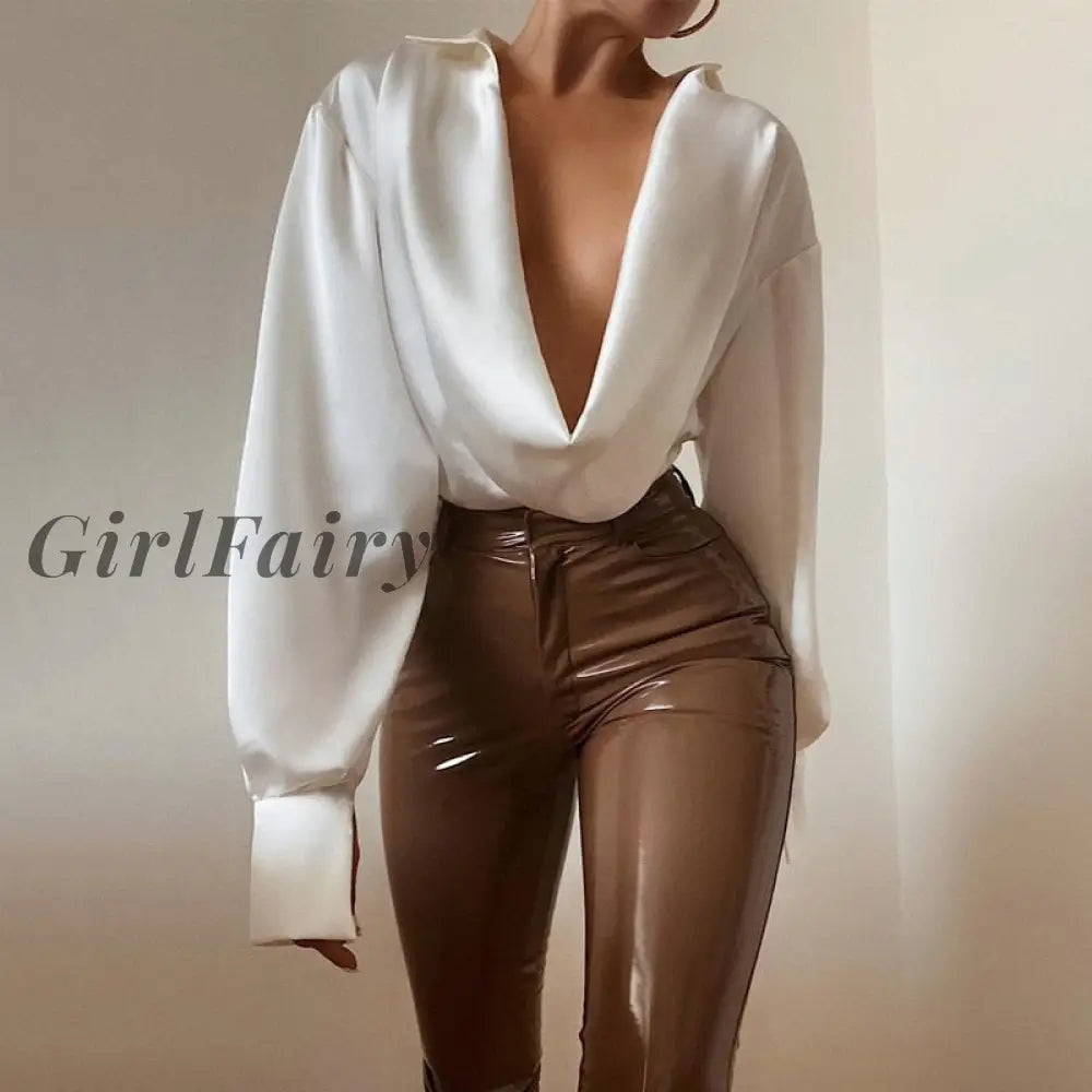 Girlfairy Elegant Lantern Sleeve Sexy Draped Bodysuit For Women Tops Slim Rompers Straps Bodysuits