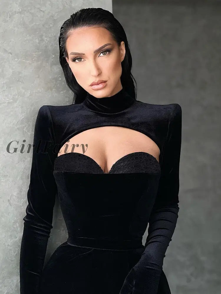 Girlfairy Elegant Long Dress Hollow Out Gloves Partywear Mall Goth Women Black Velvet Aesthetic