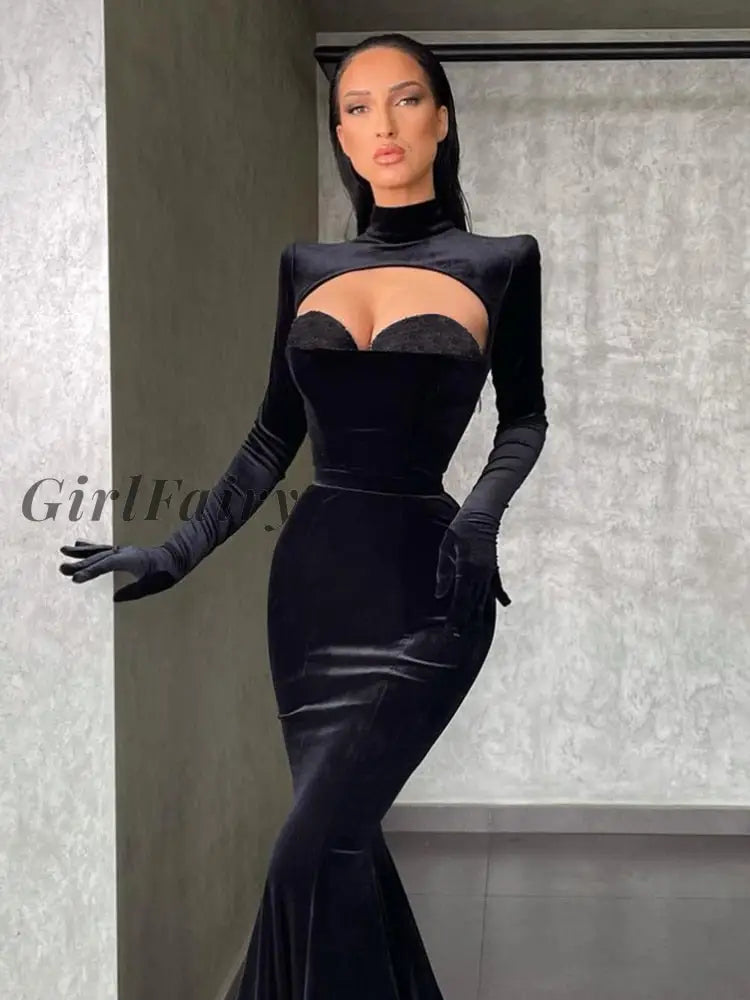 Girlfairy Elegant Long Dress Hollow Out Gloves Partywear Mall Goth Women Black Velvet Aesthetic