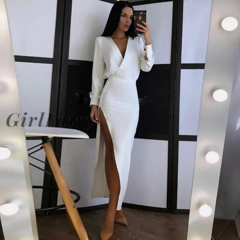 Girlfairy Elegant Long Sleeve White Bodycon Dress For Women Slit Sexy Party Evening Maxi Dresses Red