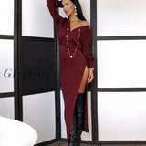 Girlfairy Elegant Long Sleeve White Bodycon Dress For Women Slit Sexy Party Evening Maxi Dresses Red