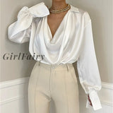 Girlfairy Elegant Loose Draped Womens Tops Blouses Fashion Shirts And Blouse Long Sleeve Top Office