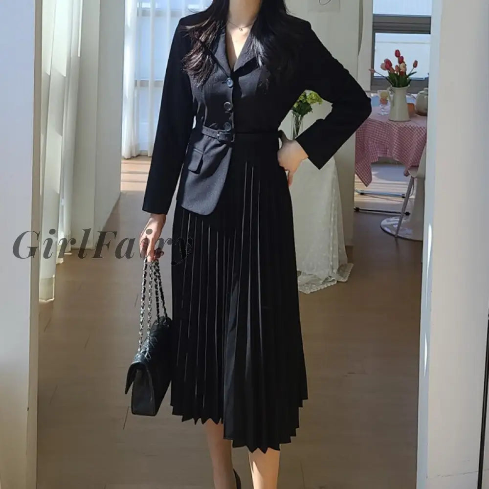 Girlfairy Elegant Notched Collar Patchwork Women Dress Full Sleeve Office Wear Sashes Pleated