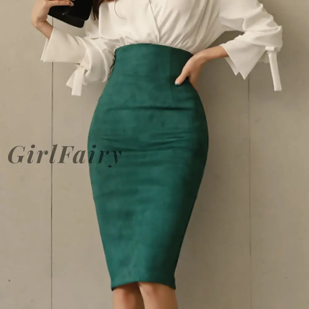 Girlfairy Elegant Ol Style 2 Pieces Set V-Neck White Blouse & High Waist Suede Hip Package Skirt