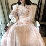 Girlfairy Elegant Pink Lace Dress Women Spring Party V-Neck Fairy Casual Office Clothing New