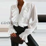 Girlfairy Elegant Polka Dot Ruffle Blouse Shirts Women Autumn Long Sleeve V-Neck Pullover Tops