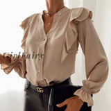 Girlfairy Elegant Polka Dot Ruffle Blouse Shirts Women Autumn Long Sleeve V-Neck Pullover Tops