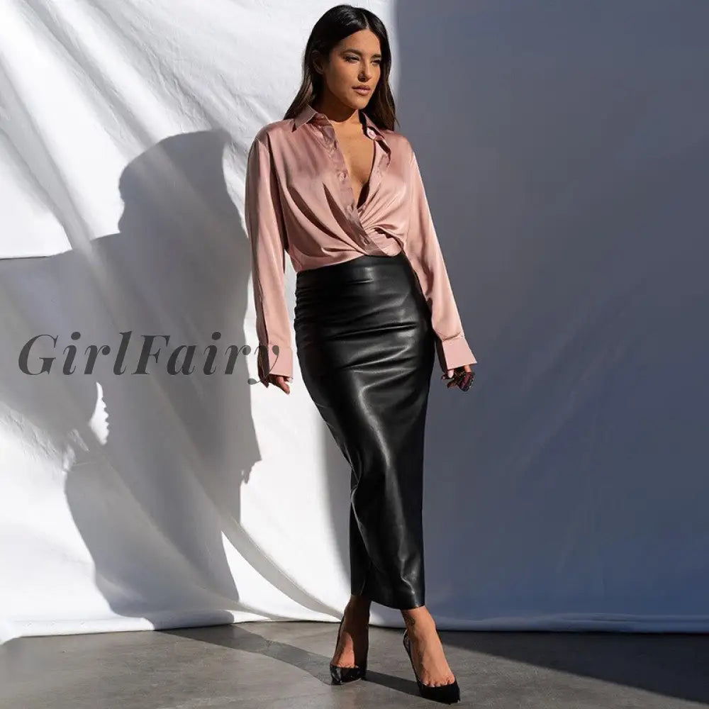 Girlfairy Elegant Sexy Pu Leather Long Skirts For Women Winter Fashion Black White High Waist Split
