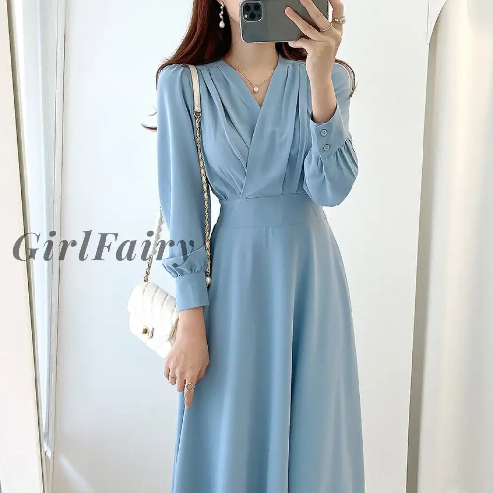 Girlfairy Elegant Slim Waist Woman Dress Korean Folds V-Neck Long Sleeve Dresses 2023 Autumn New