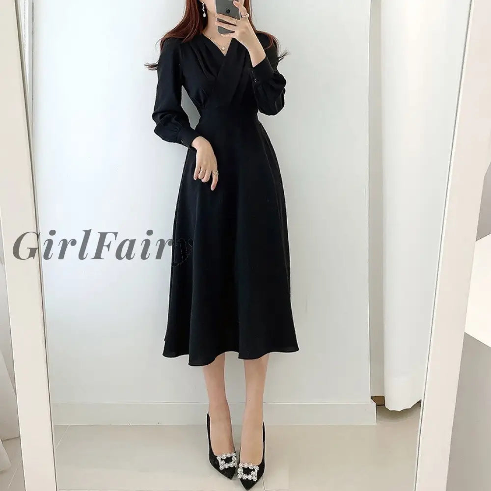 Girlfairy Elegant Slim Waist Woman Dress Korean Folds V-Neck Long Sleeve Dresses 2023 Autumn New