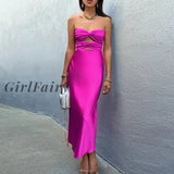 Girlfairy Elegant Strapless Slim Satin Party Dress Summer Off Shoulder Hollow Long Fashion Solid