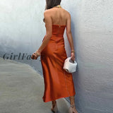Girlfairy Elegant Strapless Slim Satin Party Dress Summer Off Shoulder Hollow Long Fashion Solid