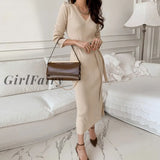 Girlfairy Elegant V Neck Split Midi Dress Autumn Winter Women Korean Chic Knit Sweater Button Long
