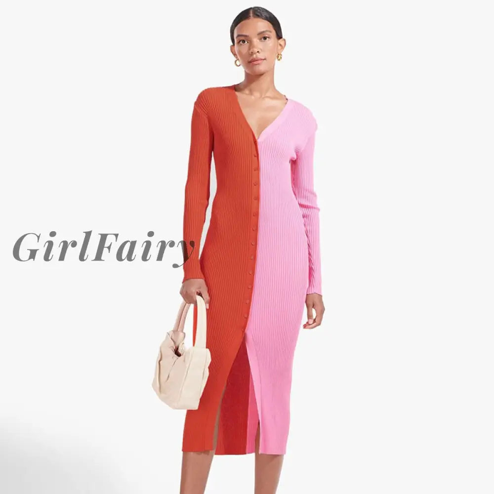Girlfairy Elegant Women Color Block Long Sleeve Dress Sexy V Neck Button Slit Party Dresses Casual