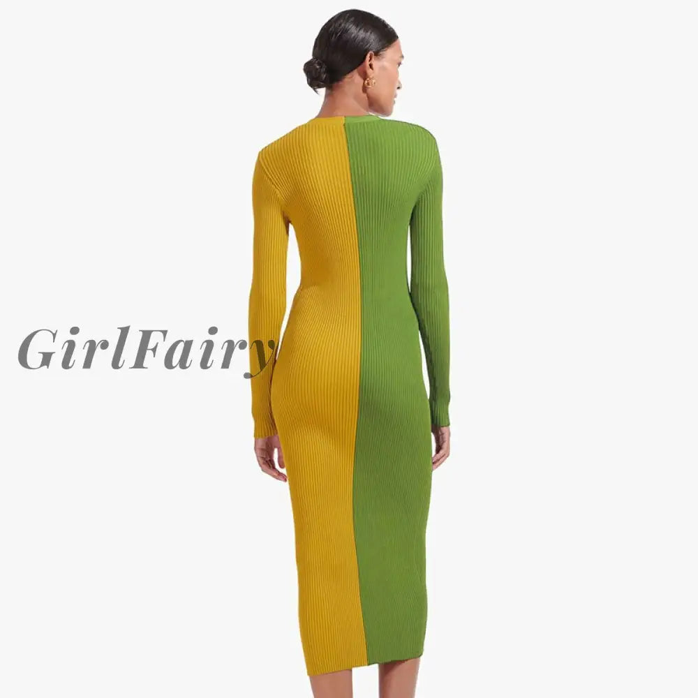 Girlfairy Elegant Women Color Block Long Sleeve Dress Sexy V Neck Button Slit Party Dresses Casual
