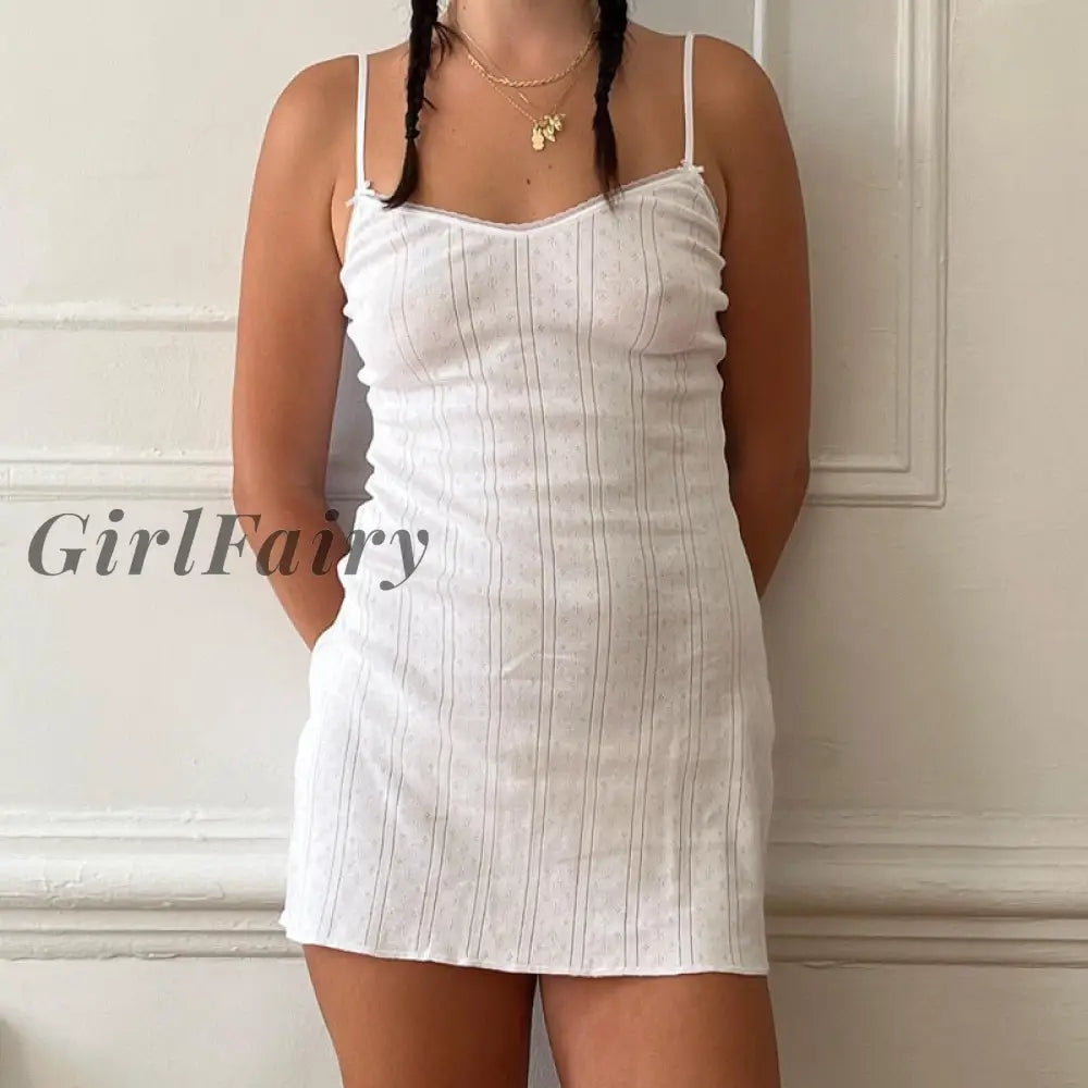 Girlfairy Fairy Cute Y2K Vintage White Dress 2000S Aesthetic Retro V Neck Spaghetti Strap Mini Chic
