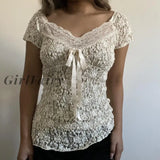 Girlfairy Fairy Floral Lace Tshirt Cute Bow V Neck Short Sleeve Slim Fit Basic Tees Chic Women Y2K