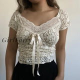 Girlfairy Fairy Floral Lace Tshirt Cute Bow V Neck Short Sleeve Slim Fit Basic Tees Chic Women Y2K