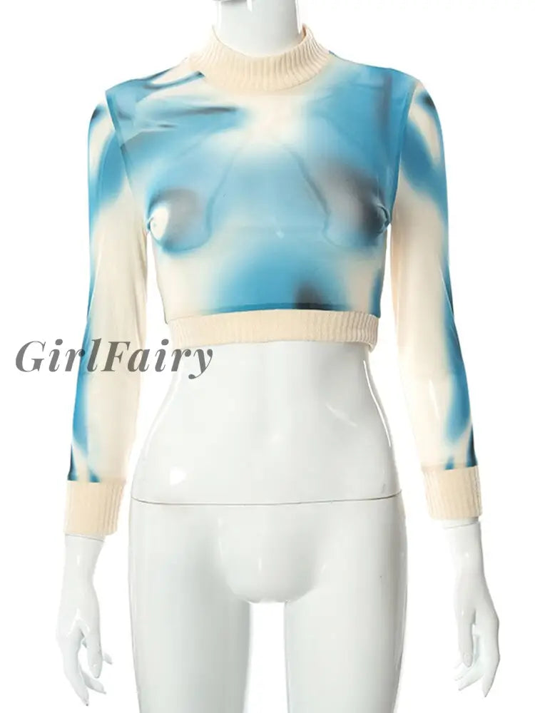 Girlfairy Fashion Aesthetic Y2K Print Long Sleeve Mesh See Through T-Shirts Women Sexy Cropped Top