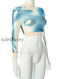 Girlfairy Fashion Aesthetic Y2K Print Long Sleeve Mesh See Through T-Shirts Women Sexy Cropped Top