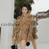 Girlfairy Fashion Autumn Khaki Blazers Notched Collar Long Sleeve Single Breasted Jackets Ladies Floral Tassel Suits Coats Outerwear