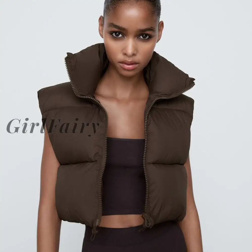 Girlfairy Fashion Autumn Stand Collar Cotton Vests Women Elegant Solid Simple Zipper Coats Casual