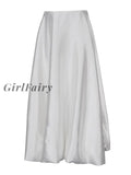 Girlfairy Fashion Beige Satin Skirts Women Elegant High Waist Office Lady Ankle-Length Skirt Casual