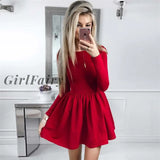 Girlfairy Fashion Casual Red Black Dress Women Solid Long Sleeve Sexy Slim A-Line Mini Dresses