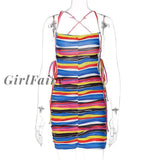 Girlfairy Fashion Dress Women Chic Sleeveless Halter Mini Holiday Straps Bodycon Slim Dresses Stripe