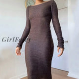 Girlfairy Fashion Elegant Long Sleeve Knitted Maxi Dress For Women Autumn Winter Solid O-Neck
