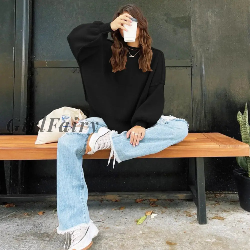 Girlfairy Fashion Lantern Sleeve Oversized Sweater For Winter Solid Color Knitted Long Tops Casual