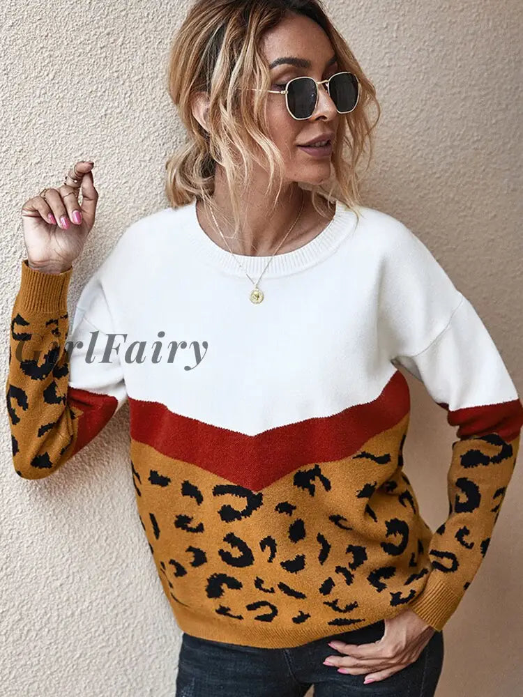 Girlfairy Fashion Leopard Patchwork Autumn Winter Ladies Knitted Sweater Women O-Neck Full Sleeve