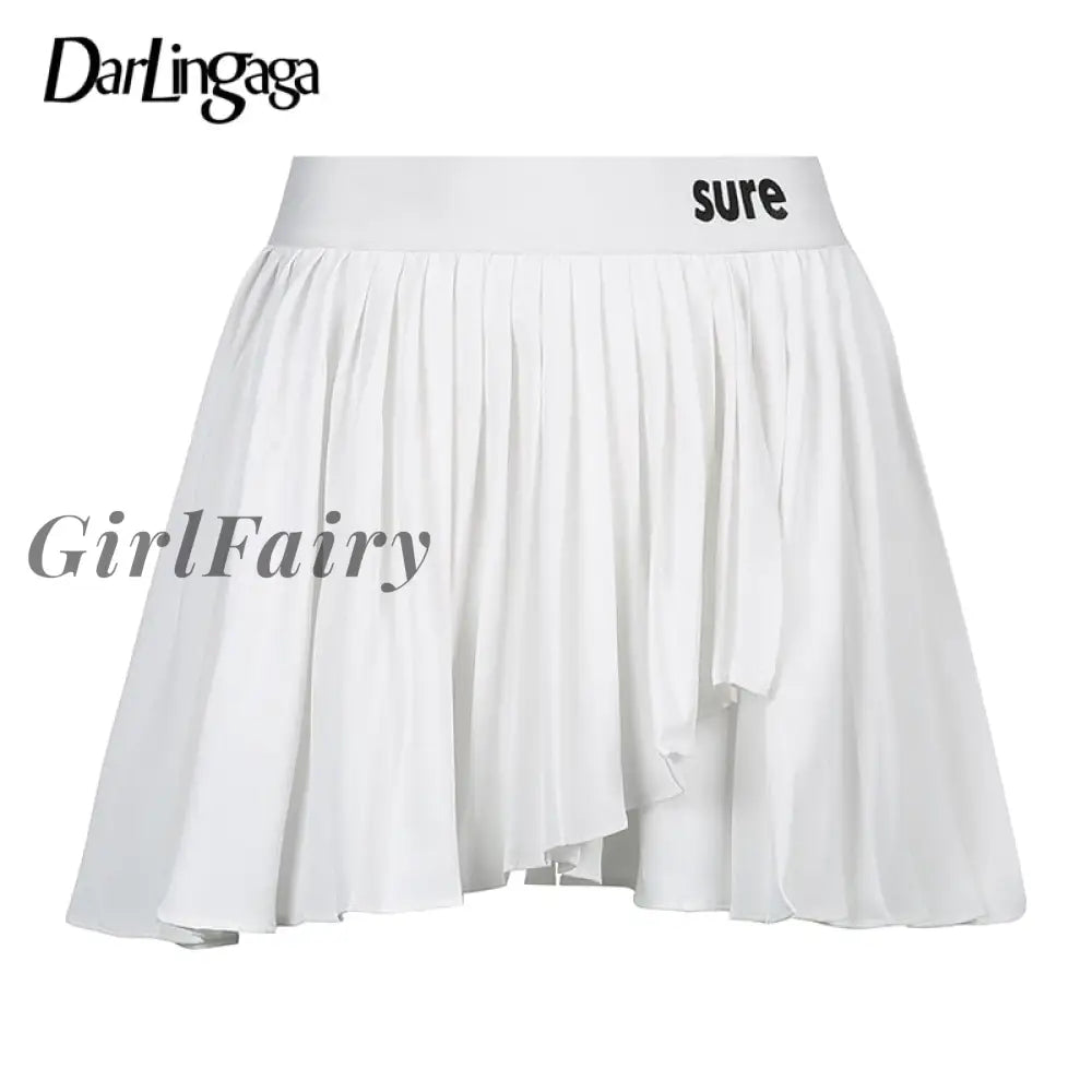 Girlfairy Fashion Letter White Summer Mini Skirts Female Asymmetric High Waist Tennis Skirt Hot