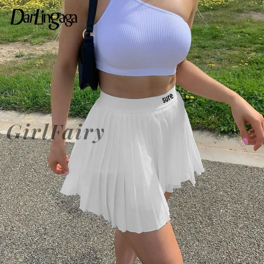 Girlfairy Fashion Letter White Summer Mini Skirts Female Asymmetric High Waist Tennis Skirt Hot