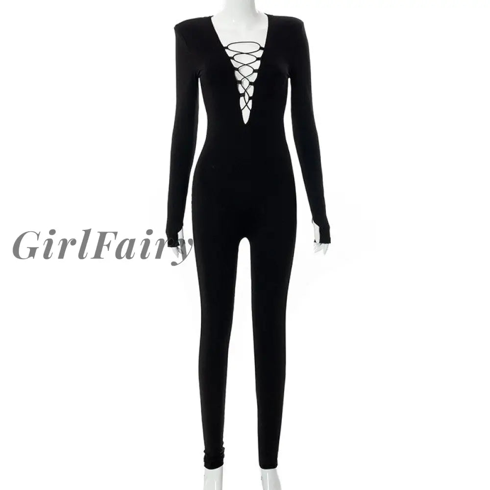 Girlfairy Fashion Long Sleeve Jumpsuits For Women Autumn Sexy Solid Shoulder Pads V-Neck Lace Up