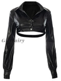 Girlfairy Fashion Long Sleeve T-Shirt Pu Leather Solid Color Vest V-Neck Blouse Top For Street Style